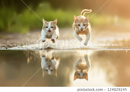 Playful kitten with reflection running and jumping outdoors in a cute, energetic, and nature-filled scene Playful kitten with reflection running and jumping outdoors in a cute, energetic, and nature-filled scene 124829245