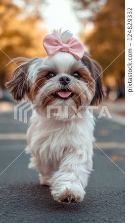 A small dog with fluffy white fur and a pink bow walks joyfully along a tree-lined street. The setting features warm autumn colors and a sunny atmosphere evoking a cheerful vibe. 124829332