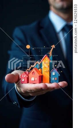 A businessman holds a vibrant assortment of miniature houses in one hand. Behind him a graphical representation of rising market trends emphasizes real estate growth and investment potential. 124829333