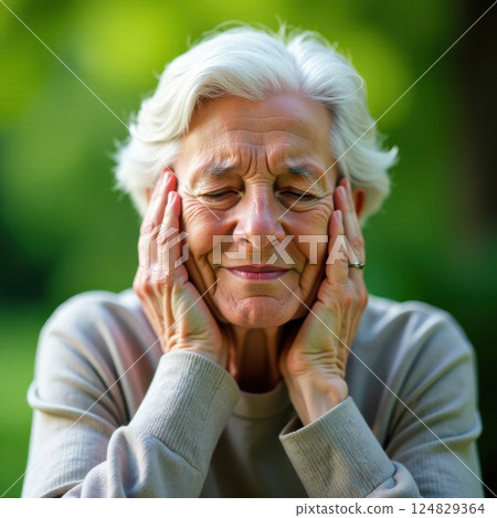 An elderly woman sits outdoors her eyes closed and hands on her face reflecting a state of sadness and discomfort. 124829364