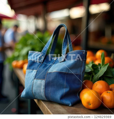 A stylish denim bag rests on a wooden table at a bustling market surrounded by vibrant oranges and fresh greenery. The atmosphere reflects a lively shopping experience. 124829369