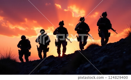 Five soldiers move in formation against a dramatic sunset sky. Silhouetted against vibrant colors they are equipped for a mission in a rugged terrain emphasizing unity and determination. Five soldiers move in formation against a dramatic sunset sky. Silhouetted against vibrant colors they are equipped for a mission in a rugged terrain emphasizing unity and determination. 124829400