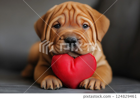 Adorable Shar-Pei puppy with heart showcases cute, loving, and loyal pet companionship 124829461