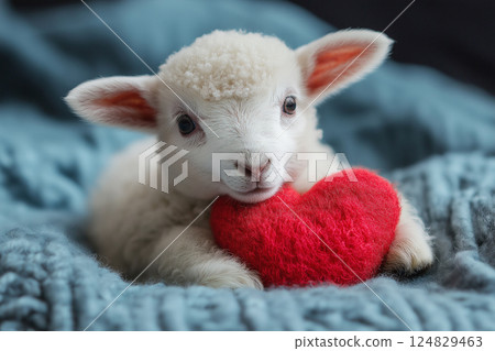 Adorable lamb with red heart, cute baby animal with fluffy wool on blue blanket Adorable lamb with red heart, cute baby animal with fluffy wool on blue blanket 124829463