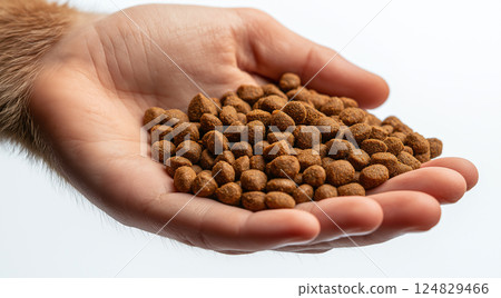 Hand holding dog food kibble for pet nutrition and care, ideal for feeding and meals. Hand holding dog food kibble for pet nutrition and care, ideal for feeding and meals. 124829466