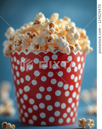 Popcorn in a red polka dot container cinema snack food delicious movie crunchy buttery corn 124829470