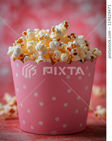 Popcorn snack in a pink bucket, perfect food for cinema or movie night, buttery and salty treat 124829471