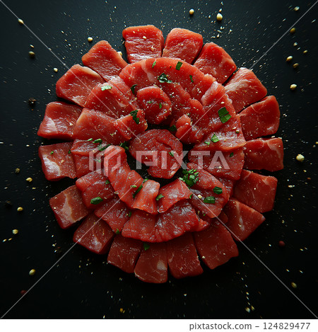 Delicious fresh beef slices arranged for gourmet cooking and culinary delight 124829477