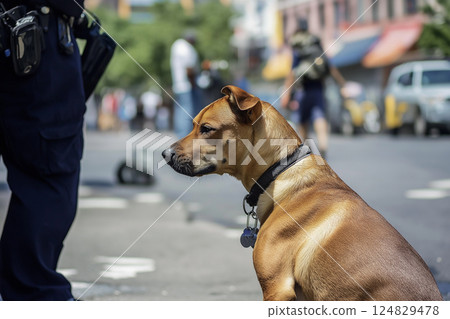 Brown dog with collar sitting on urban street with police officers, cars, and people nearby 124829478