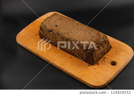 Homemade chicken liver pate served on a wooden cutting board 124829552
