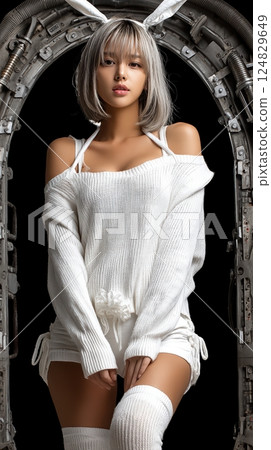 Asian woman with stylish silver hair in white outfit and decorative bunny ears in industrial setting Asian woman with stylish silver hair in white outfit and decorative bunny ears in industrial setting 124829649
