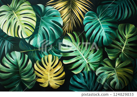 A vibrant composition of Monstera, palm, and banana leaves fills the canvas, rich green tones set against a silk black background, creating a bold and elegant tropical design 124829833
