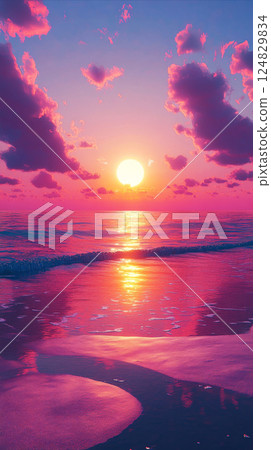 A cinematic landscape of a pink sunset on the beach, golden sunlight reflecting on the wet sand, with the sky changing from pink to violet, creating a warm, inviting atmosphere A cinematic landscape of a pink sunset on the beach, golden sunlight reflecting on the wet sand, with the sky changing from pink to violet, creating a warm, inviting atmosphere 124829834