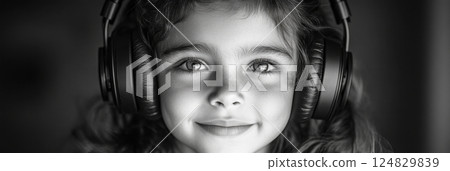 A smiling girl wearing headphones, captured in a portrait with a sleek black and white background, blending a timeless aesthetic with contemporary energy, banner 124829839
