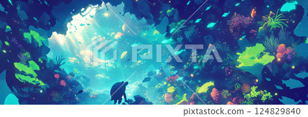 A serene turtle swims near a colorful coral reef in clear blue water, with vibrant corals and tropical fish around it, sunlight filtering through the ocean surface for a tranquil vibe, banner 124829840