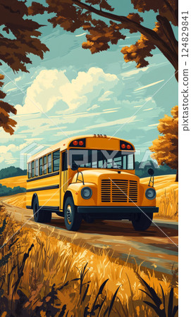 Retro-inspired digital art of a classic yellow school bus moving through a rustic countryside landscape, surrounded by fields and trees, capturing a nostalgic, warm journey 124829841