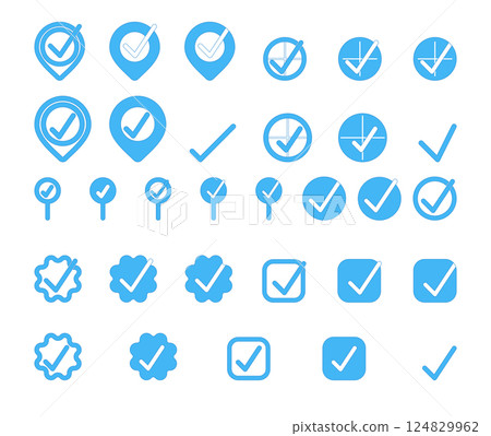 Vector location pin icons with check mark in badge style and flat blue design 124829962