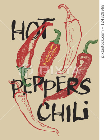Vector vegetable poster of jalapeno and chili peppers. Hand-drawn garden harvest sketch. Tasty food illustration for restaurant and cafe interior, veggie market drawing print, fabric or background. Vector vegetable poster of jalapeno and chili peppers. Hand-drawn garden harvest sketch. Tasty food illustration for restaurant and cafe interior, veggie market drawing print, fabric or background. 124829968
