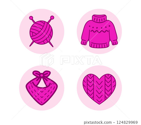 cozy knitting icons set with fuchsia pink color and handmade craft theme. cozy knitting icons set with fuchsia pink color and handmade craft theme. 124829969