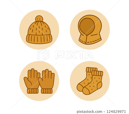 winter accessories vector set in warm caramel color for cozy handmade fashion and craft projects. winter accessories vector set in warm caramel color for cozy handmade fashion and craft projects. 124829971