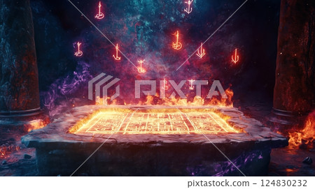 The magical altar engulfed in flames and the power of floating spells The magical altar engulfed in flames and the power of floating spells 124830232