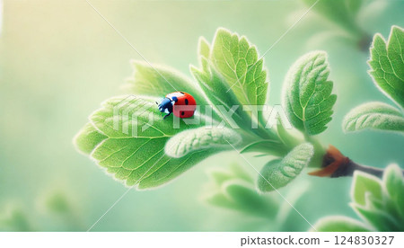 Ladybug and morning dew on leaves 124830327