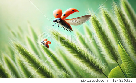 一隻即將起飛的瓢蟲和一片葉子上的晨露 124830333