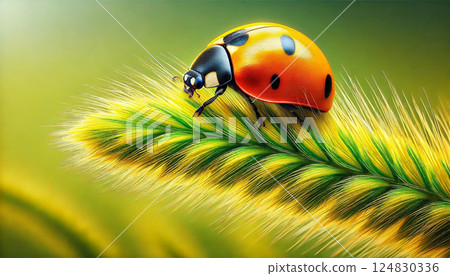 Ladybug and morning dew on leaves Ladybug and morning dew on leaves 124830336