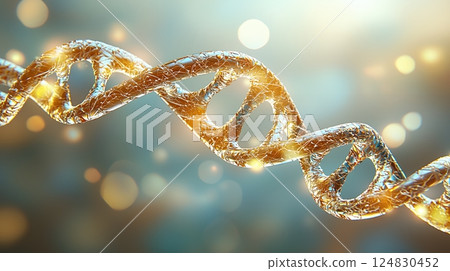 Abstract Golden DNA Helix 3D Render with Teal Bokeh Background 124830452