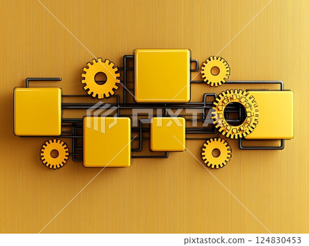 Abstract Golden Yellow Gears and Squares on Wood Background 124830453