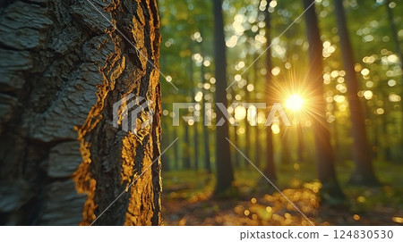 Golden Sunset in a Forest Close up of Tree Bark 124830530