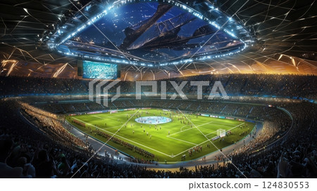 A huge circular stadium in a futuristic city and the excitement of the night 124830553