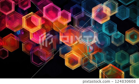 Colorful hexagonal overlap and light art Colorful hexagonal overlap and light art 124830608