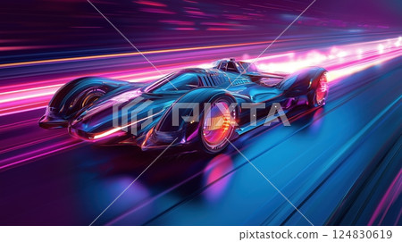 A futuristic car racing in neon lights 124830619