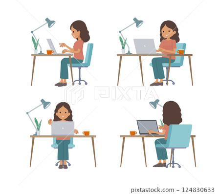 A set of dark-skinned women doing desk work on a PC A set of dark-skinned women doing desk work on a PC 124830633