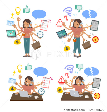 A set of dark-skinned women multitasking in the office 124830672