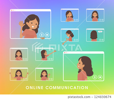 Set of dark skinned women communicating online 124830674