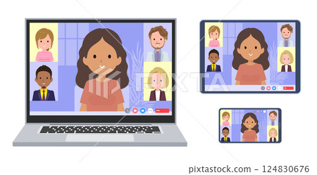 Set of dark skinned women having online meetings 124830676