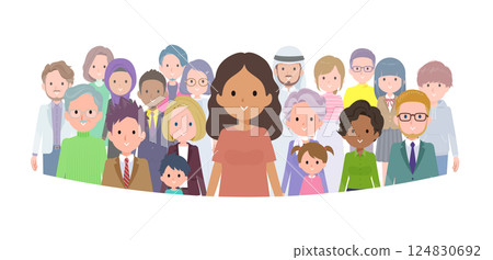 A set of dark skinned women standing in front of a crowd 124830692