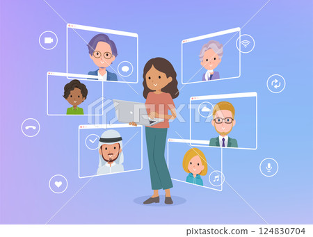A set of dark-skinned women using a laptop to communicate online 124830704