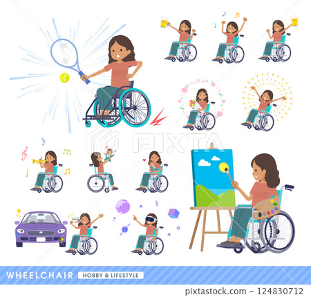 Set of dark skinned women in wheelchairs 124830712