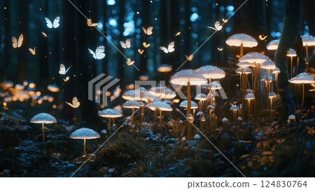 A magical forest with glowing mushrooms and flying butterflies 124830764