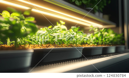 Indoor herb garden with vibrant green plants growing under LED lights  124830784