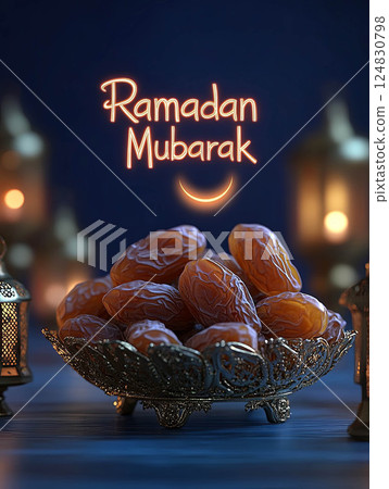 Festive celebration of Eid with a beautifully arranged bowl of dates 124830798