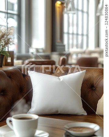 Cozy cafe interior with a white pillow on a leather couch, warm lighting  124830864