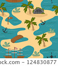 Seamless pattern with a cartoon-style island featuring palm trees, a cave, a signpost, a ship, and the sea. Perfect for children's games, fabrics, backgrounds, wrappers, textiles, paper, and endpapers 124830877