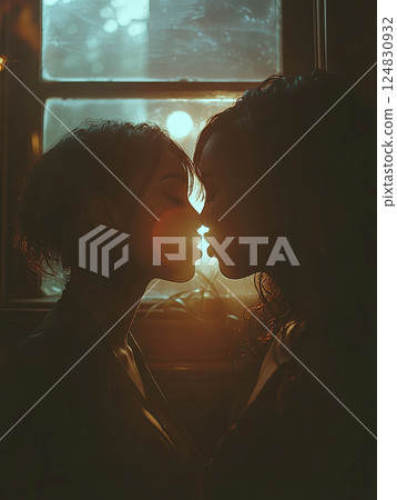 Intimate moment between two women sharing a kiss in soft light near a window 124830932