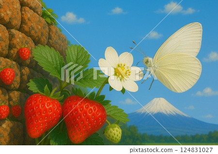 石垣草莓和菜粉蝶，富士山 124831027