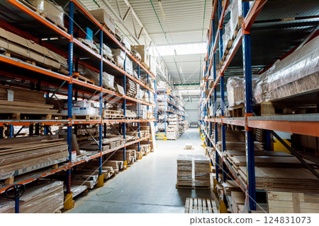 Warehouse industrial company. Commercial warehouse. Crates stacked Warehouse industrial company. Commercial warehouse. Crates stacked 124831073