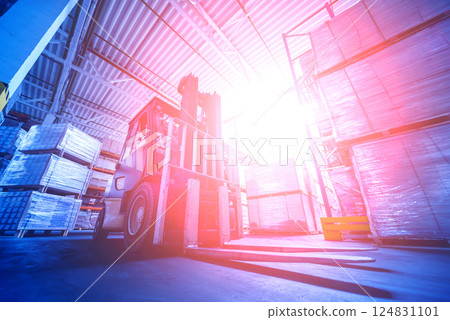 Forklift loader in storage warehouse ship yard. Distribution products. 124831101